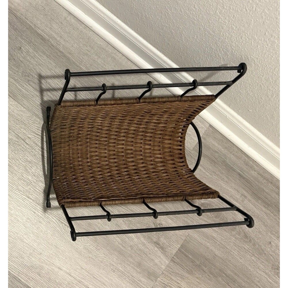 VTG Rattan and Black Metal Magazine Rack, Fire Wood Kindling Holder Excellen
